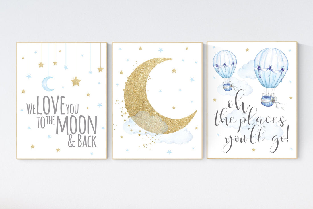 Nursery decor boy elephant, blue and gold nursery, twinkle twinkle little star, blue nursery wall art, cloud and stars, baby room decor