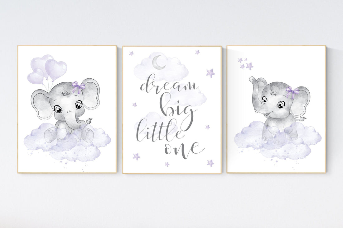 Nursery prints girl, Nursery decor girl purple, nursery decor elephant girl, moon and stars, lavender, girl nursery ideas, lilac nursery