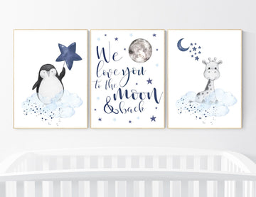 Nursery decor animals, giraffe, penguin, navy blue, baby room wall decor, animal prints, we love you to the moon and back, nursery art