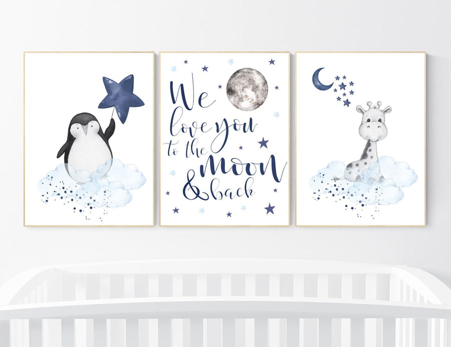 Nursery decor animals, giraffe, penguin, navy blue, baby room wall decor, animal prints, we love you to the moon and back, nursery art