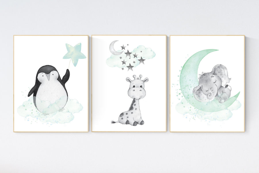 Mint nursery decor, nursery decor penguin, giraffe, elephant, nursery decor neutral, nursery decor gender neutral, cloud and star nursery
