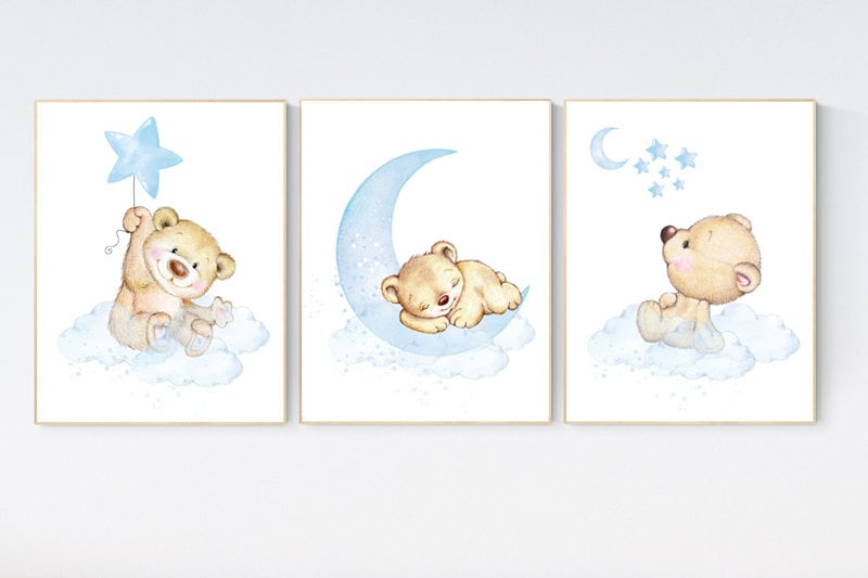 Nursery decor bear, nursery decor boy, bear nursery print, teddy bear decor, nursery wall art animals, boy nursery wall decor, blue nursery
