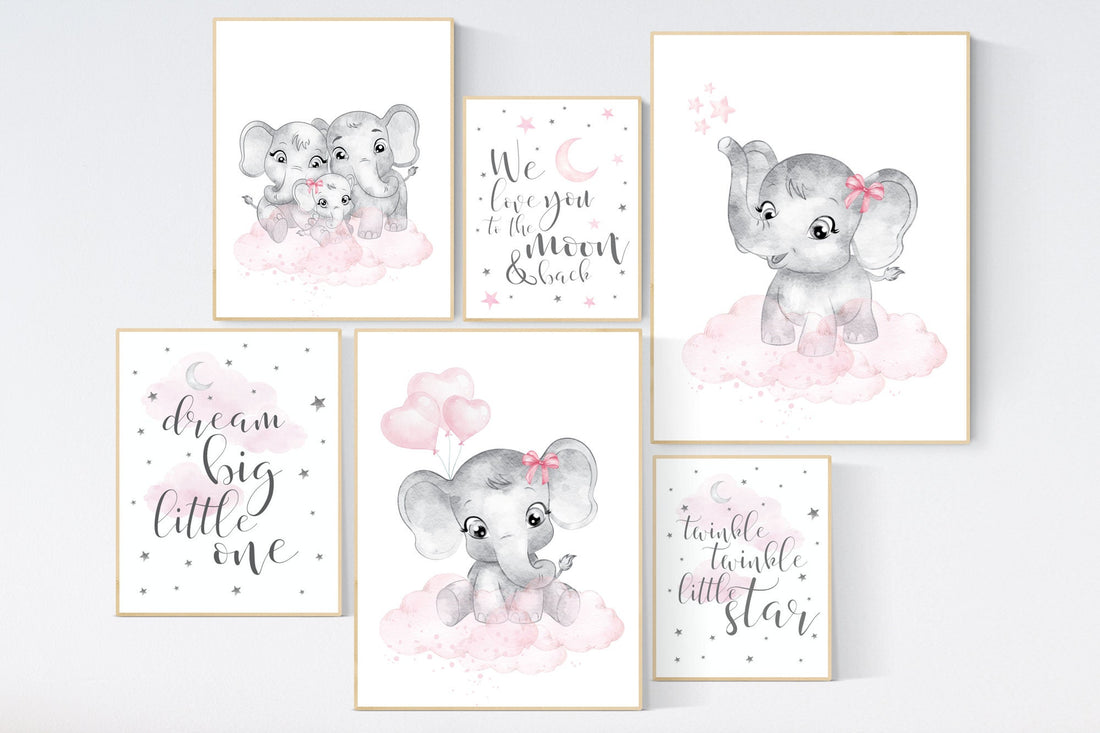 Nursery wall art girl elephant, pink grey, nursery decor girl pink, moon and stars, girl nursery wall decor, elephant prints, pink gray