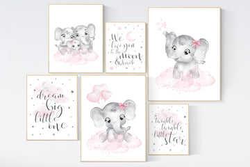 Nursery wall art girl elephant, pink grey, nursery decor girl pink, moon and stars, girl nursery wall decor, elephant prints, pink gray