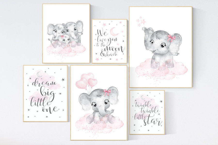 Nursery wall art girl elephant, pink grey, nursery decor girl pink, moon and stars, girl nursery wall decor, elephant prints, pink gray