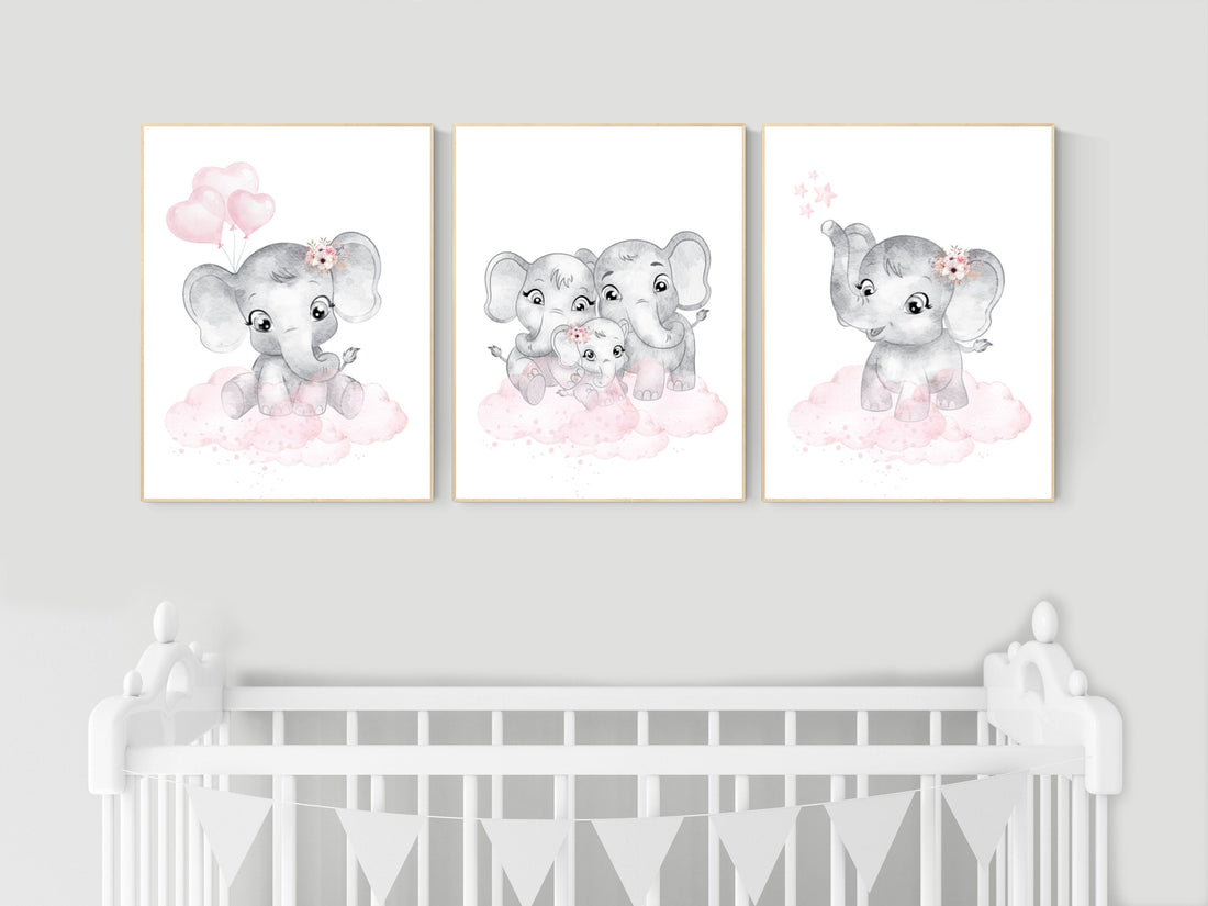 Nursery decor girl pink and gray, Elephant nursery wall art, girl nursery ideas, pink grey nursery wall decor, nursery prints girl