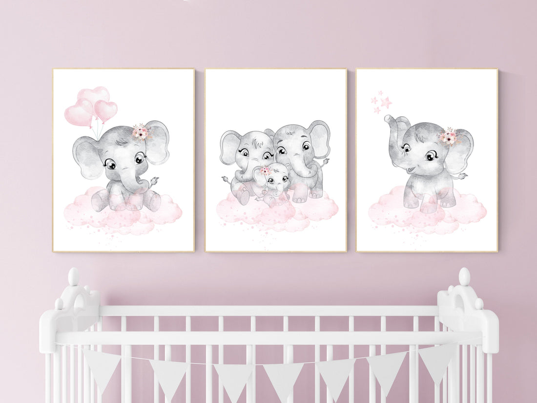 Nursery decor girl pink and gray, Elephant nursery wall art, girl nursery ideas, pink grey nursery wall decor, nursery prints girl