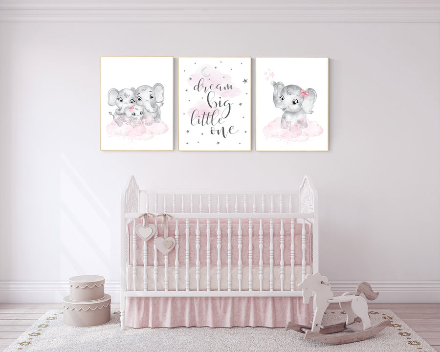 Elephant nursery, nursery wall art girl pink and gray, nursery decor girl, dream big little one, pink nursery, animal prints, girl nursery