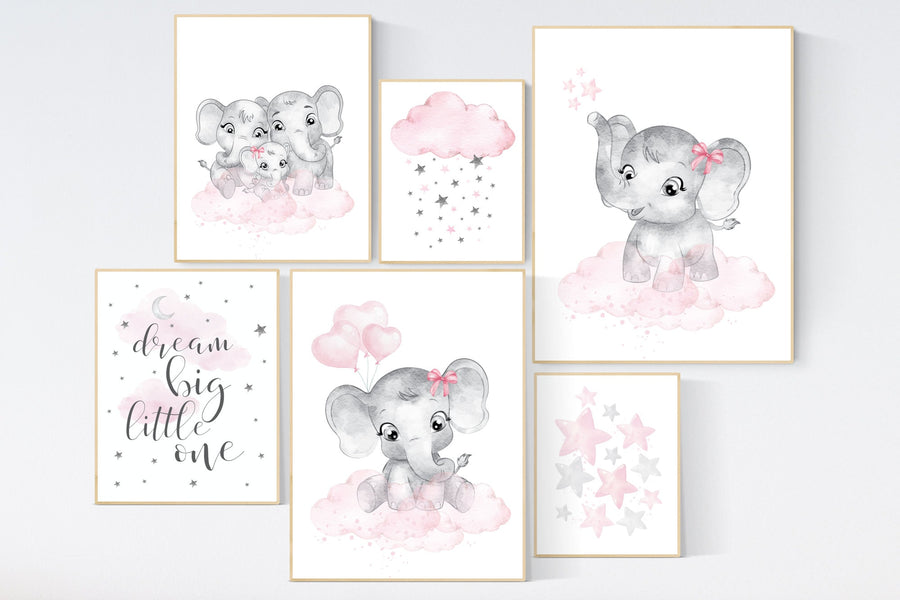 Elephant nursery, nursery wall art girl pink and gray, nursery decor girl, dream big little one, pink nursery, animal prints, girl nursery