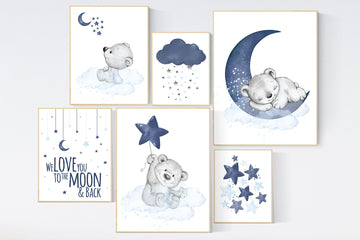 Nursery decor bear, nursery wall art boy, navy blue grey, navy nursery, cloud and stars nursery, bear nursery art, moon nursery art