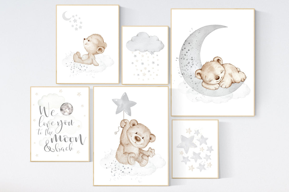 Nursery decor bear, nursery decor boy, bear nursery print, teddy bear decor, nursery wall art animals, boy nursery art, grey nursery, gray
