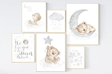 Nursery decor bear, nursery decor boy, bear nursery print, teddy bear decor, nursery wall art animals, boy nursery art, grey nursery, gray