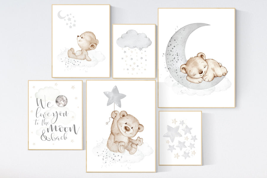 Nursery decor bear, nursery decor boy, bear nursery print, teddy bear decor, nursery wall art animals, boy nursery art, grey nursery, gray