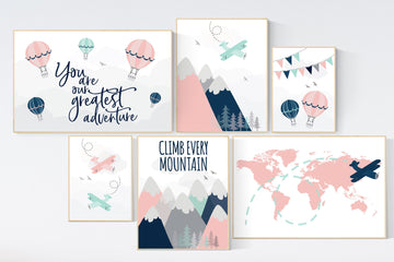 Adventure nursery decor, blush pink mint , mountain art print set, pink navy wall art, airplane, world map, adventure awaits hot air balloon