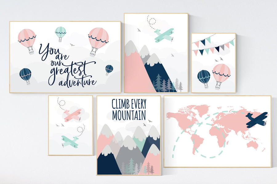 Adventure nursery decor, blush pink mint , mountain art print set, pink navy wall art, airplane, world map, adventure awaits hot air balloon