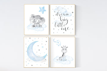 Nursery decor boy elephant, blue nursery art, giraffe print nursery, elephant decor for nursery, dream big little one, Boy nursery decor