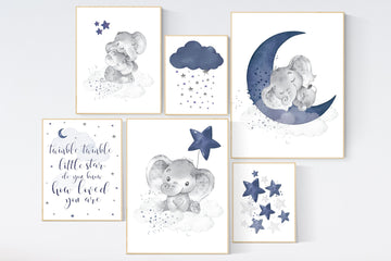 Nursery decor boy elephant, navy nursery wall art, cloud, stars, boy nursery wall decor, twinkle twinkle little star, boys room wall art