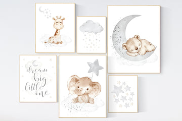 Nursery wall art animals, gray nursery, gender neutral nursery, neutral nursery, baby room decor, bear, elephant, giraffe, animal prints