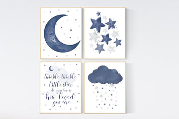 Nursery decor boy, navy nursery wall art boy, moon and stars, navy blue, navy nursery set, twinkle twinkle little star, boys room wall art