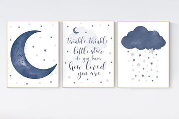 Nursery decor boy, navy nursery decor, moon and stars, twinkle twinkle little star, navy blue nursery art, baby boy nursery art, raindrops