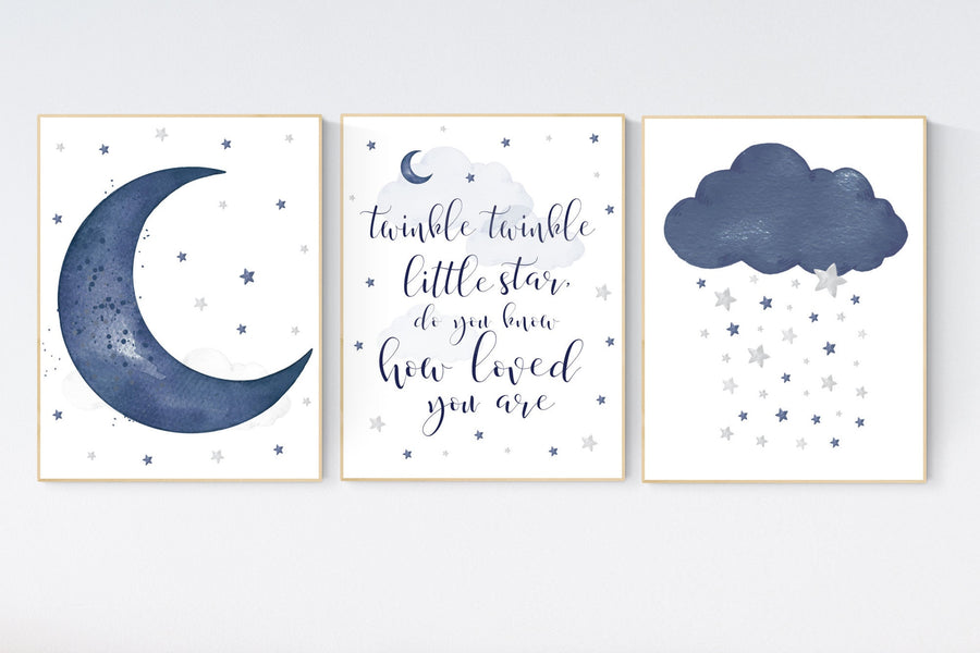 Nursery decor boy, navy nursery decor, moon and stars, twinkle twinkle little star, navy blue nursery art, baby boy nursery art, raindrops