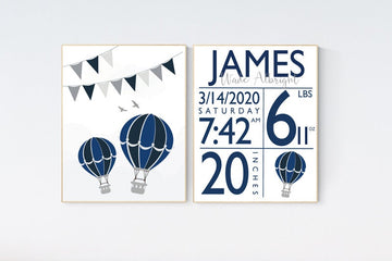 Navy nursery wall art boy, birth stat print nursery, hot air balloon, navy blue, Nursery decor boy, birth stats, navy gray, adventure theme