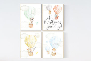 hot air balloon nursery wall art, nursery decor animals, elephant, giraffe, bear, bunny, gender neutral, twin, elegant, baby registry