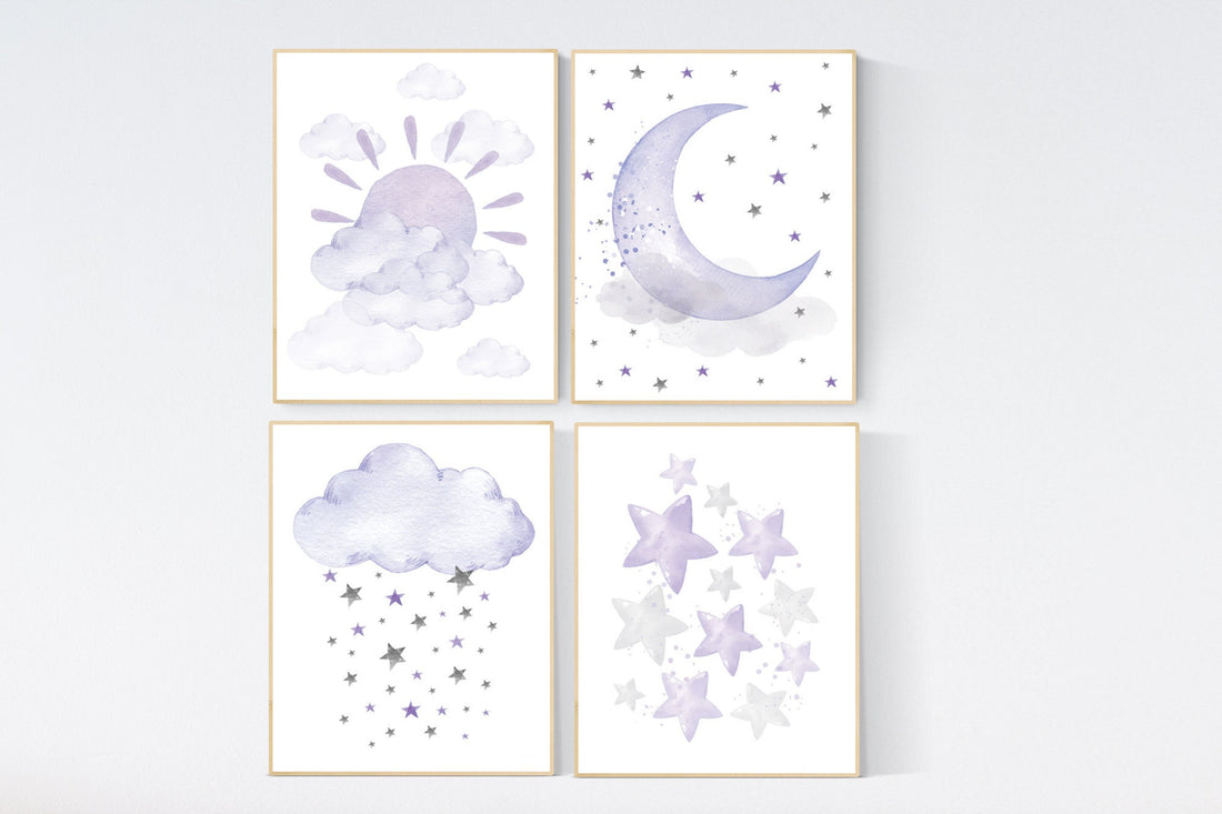 Nursery prints rainbow, Nursery decor girl purple, lilac nursery, nursery wall art girl, moon star, cloud, sun nursery, lavender, lilac