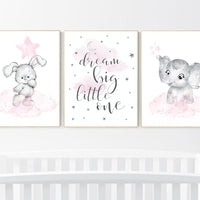 Nursery wall art girl elephant, bunny, pink and grey, nursery decor girl pink, moon, stars, nursery prints, animal prints, girl nursery