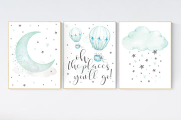 Nursery decor gender neutral, Mint nursery decor, Nursery wall art, Mint nursery decor, hot air balloon, mint nursery wall decor