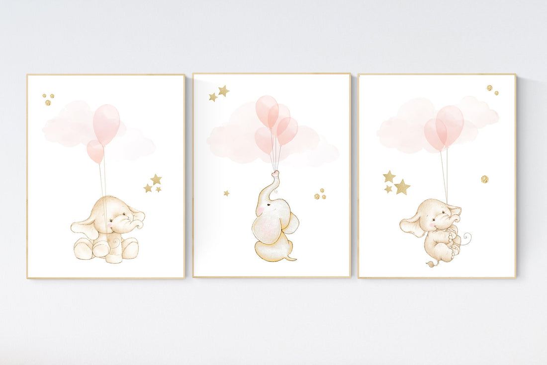 Nursery wall art girl, Blush pink nursery decor, blush gold nursery, nursery decor elephant, peach nursery, blush nursery, animal balloon