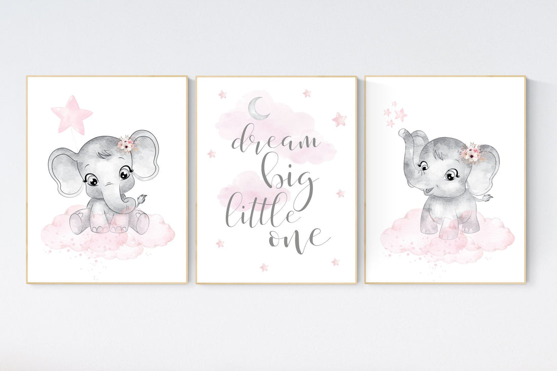Nursery decor girl, Elephant nursery, nursery wall art elephant,  baby room, girl nursery decor, dream big little one, pink grey elephants