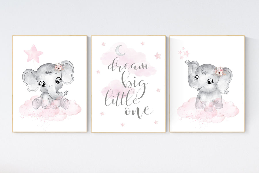 Nursery decor girl, Elephant nursery, nursery wall art elephant,  baby room, girl nursery decor, dream big little one, pink grey elephants