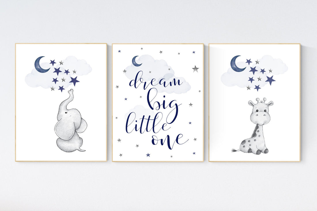 Nursery decor elephant and giraffe, animal nursery prints, navy nursery, navy blue nursery, baby room wall art, woodland animal prints