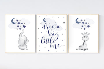 Nursery decor elephant and giraffe, animal nursery prints, navy nursery, navy blue nursery, baby room wall art, woodland animal prints