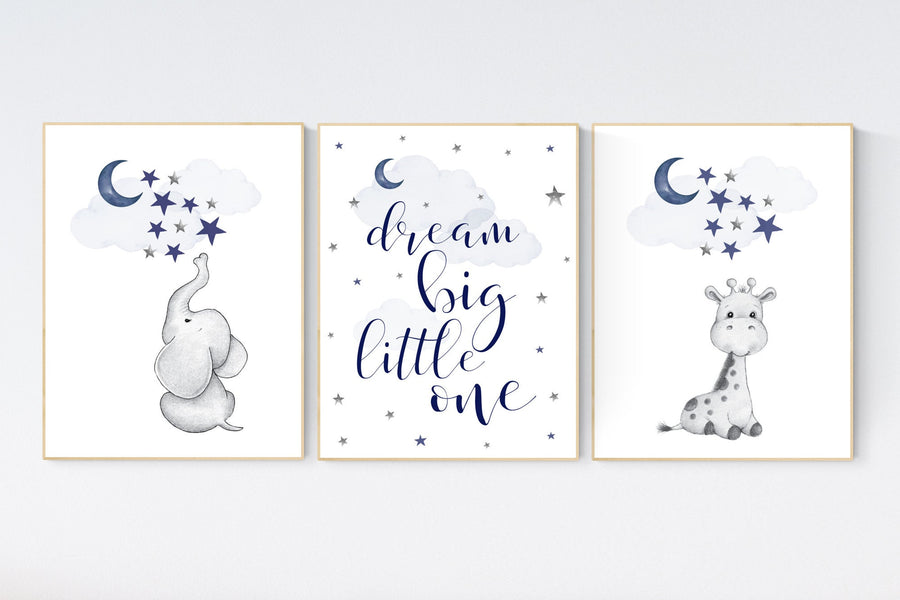 Nursery decor elephant and giraffe, animal nursery prints, navy nursery, navy blue nursery, baby room wall art, woodland animal prints