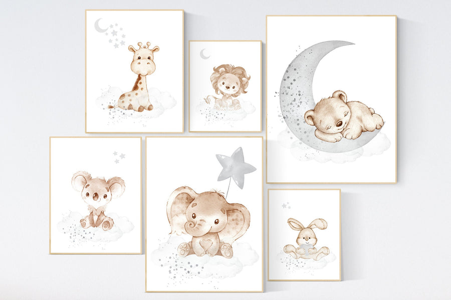 Nursery decor gender neutral, Nursery wall art animals, gray nursery, neutral, lion, bunny, bear, elephant, giraffe, koala, animal prints