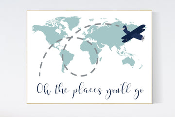 Nursery wall art map, world map print, nursery decor boy mountains adventure, navy blue, plane nursery decor, world map nursery print