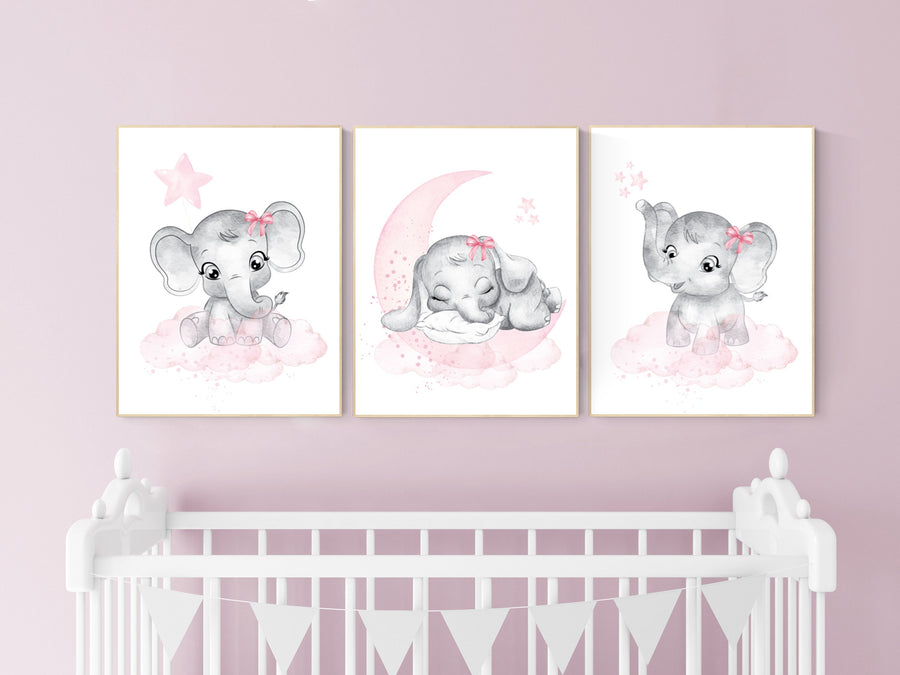 Nursery wall art girl elephant, pink and gray nursery decor, girl nursery ideas, baby registry, baby shower, nursery prints girl animal