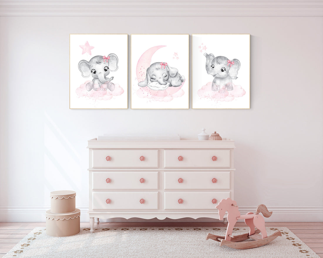 Nursery wall art girl elephant, pink and gray nursery decor, girl nursery ideas, baby registry, baby shower, nursery prints girl animal