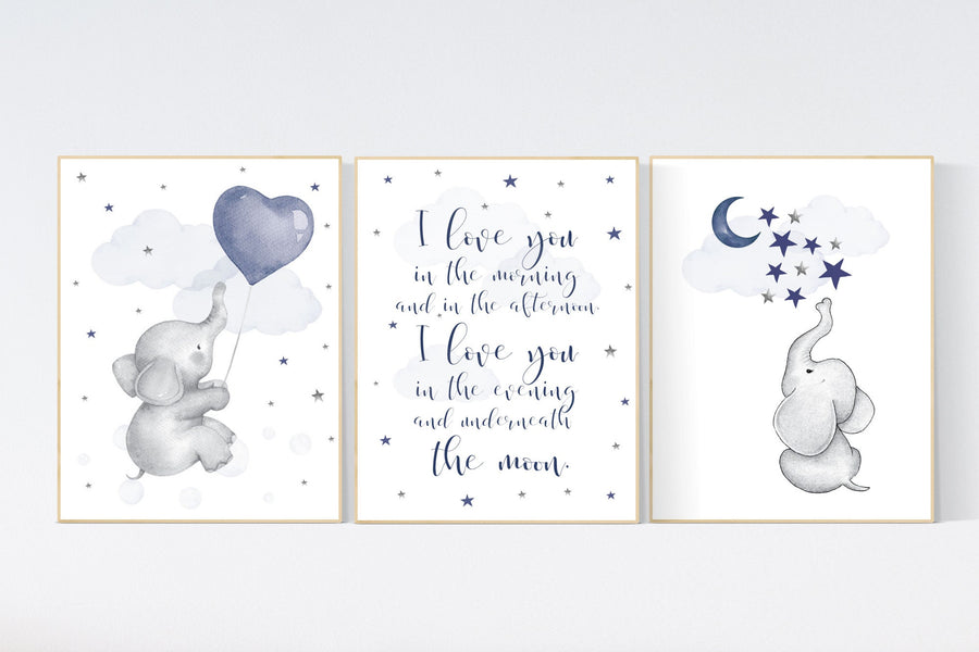 Nursery decor boy navy blue, Nursery wall art boy, navy nursery decor, moon and stars, i love you in the morning and in the afternoon