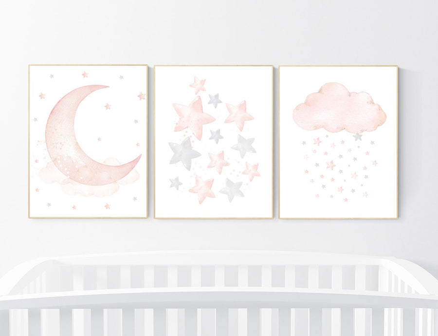 Nursery decor girl, Blush pink, cloud, stars, moon, blush nursery wall art, girls nursery wall decor, nursery prints girl, blush prints