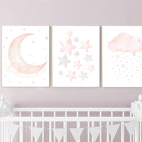 Nursery decor girl, Blush pink, cloud, stars, moon, blush nursery wall art, girls nursery wall decor, nursery prints girl, blush prints