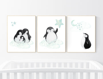 Mint nursery decor, nursery decor penguin, nursery decor neutral, nursery decor boy mint, cloud and star nursery, penguin nursery