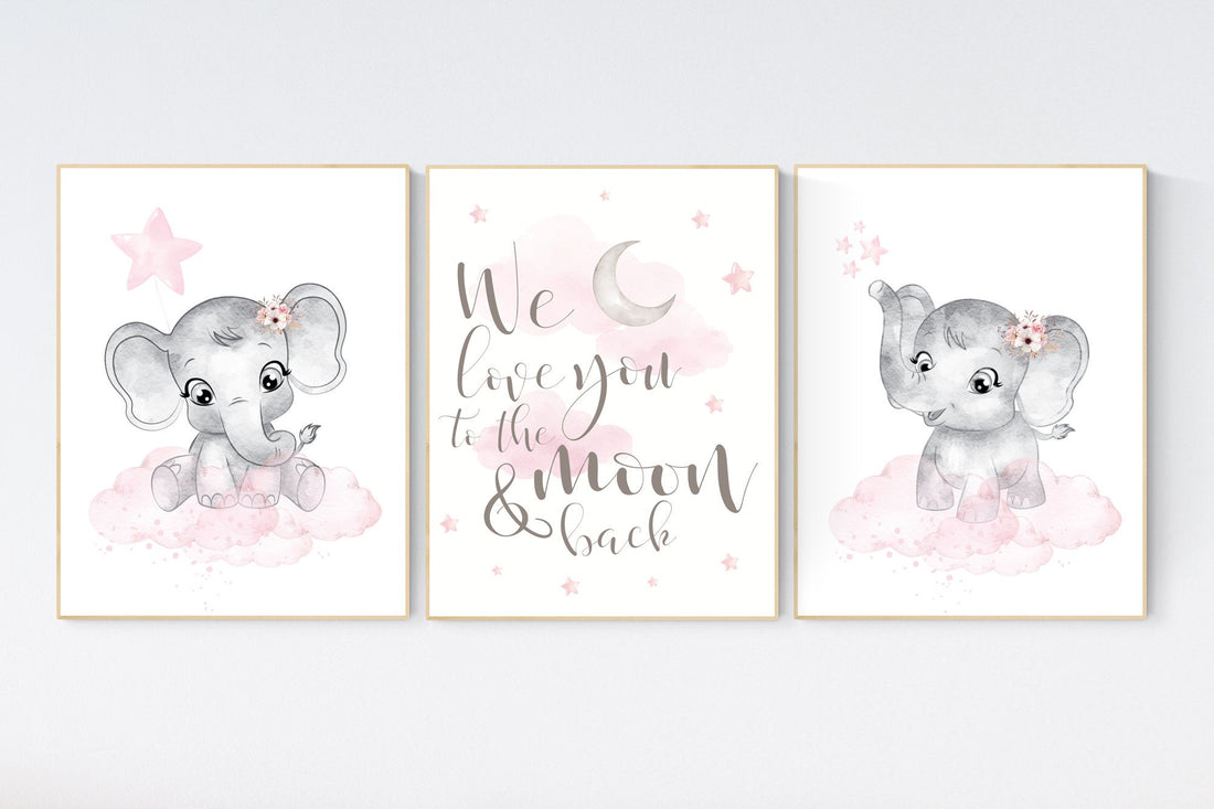 Nursery decor girl, Elephant nursery, nursery wall art elephant,  baby room, girl nursery decor, pink grey elephant, girl nursery art