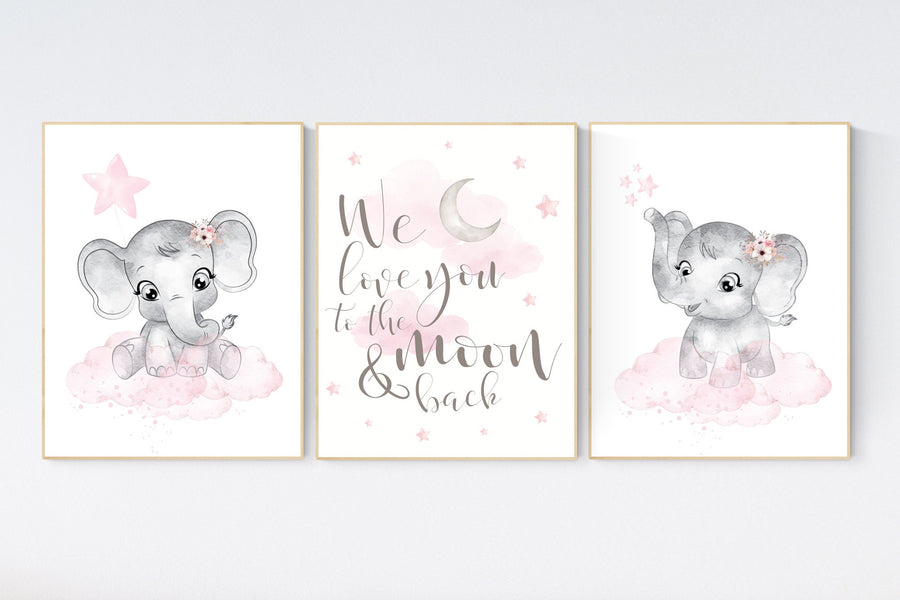 Nursery decor girl, Elephant nursery, nursery wall art elephant,  baby room, girl nursery decor, pink grey elephant, girl nursery art