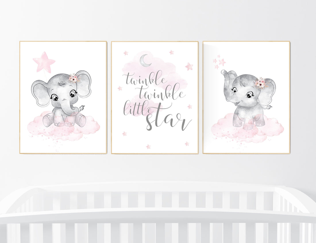 Nursery decor girl, Elephant nursery, nursery wall art elephant,  baby room, girl nursery decor, pink grey elephant, girl nursery art