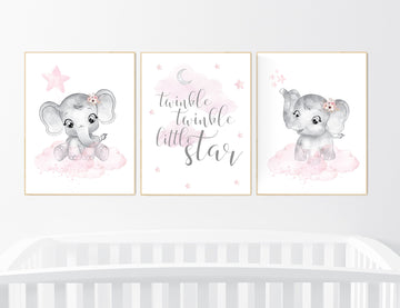 Nursery decor girl, Elephant nursery, nursery wall art elephant,  baby room, girl nursery decor, pink grey elephant, girl nursery art