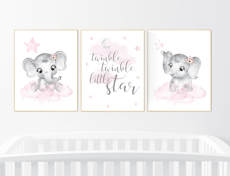 Nursery decor girl, Elephant nursery, nursery wall art elephant,  baby room, girl nursery decor, pink grey elephant, girl nursery art