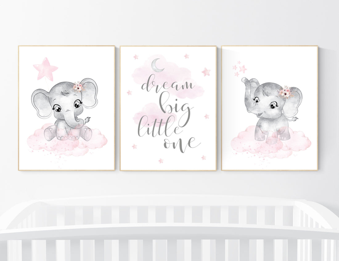 Nursery decor girl, Elephant nursery, nursery wall art elephant,  baby room, girl nursery decor, dream big little one, pink grey elephants